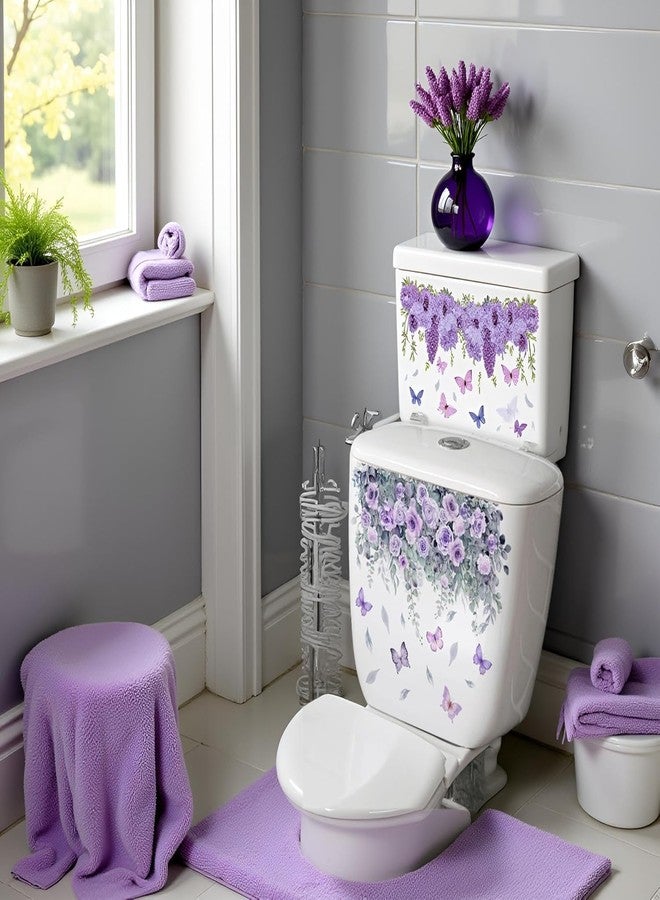 aoukoslt Waterproof Toilet Decals - Botanical Floral Design with Purple Roses and Butterflies, Self-Adhesive Removable Vinyl Stickers for Bathroom Decor, Rental Home Upgrade (13.78x9.84 Inch) - Image 4